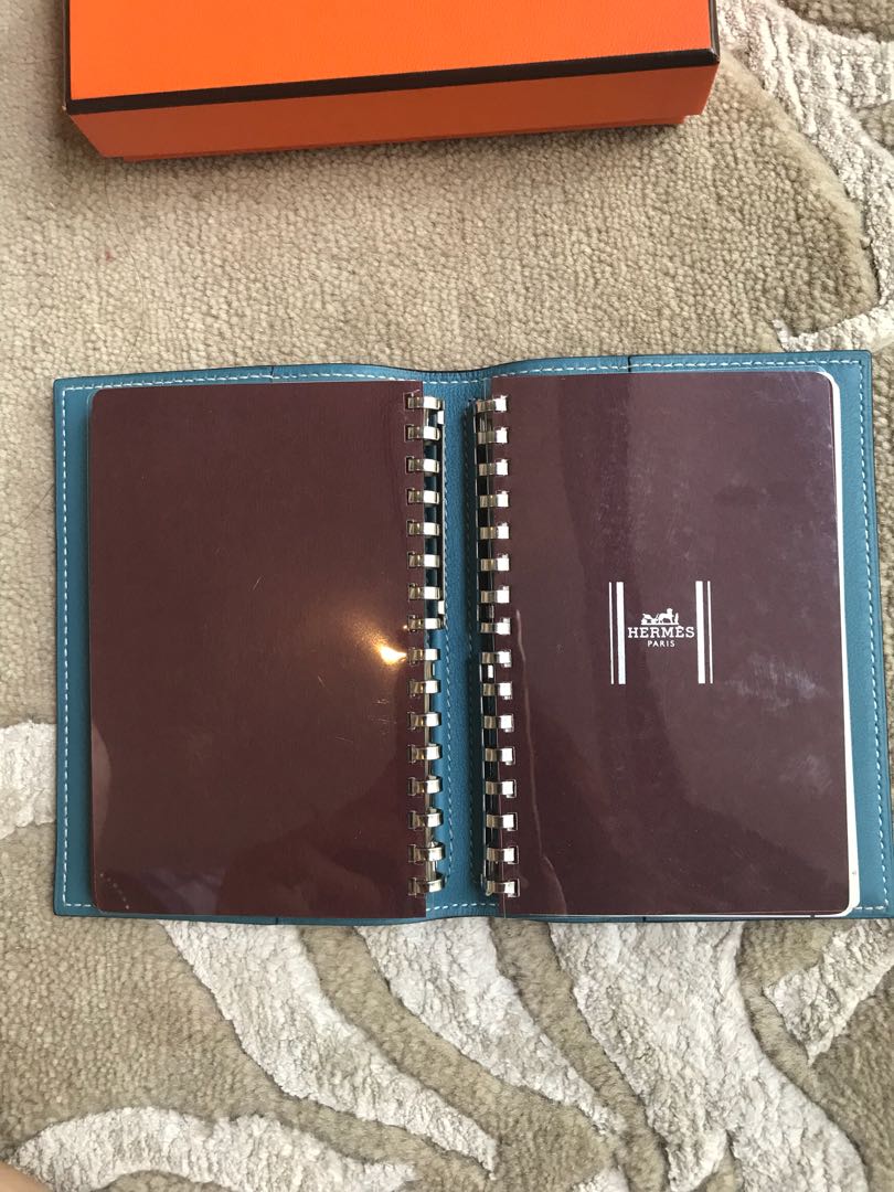Designer Hermes Agenda Passport Holder GM Blue Jean Mysore goat skin