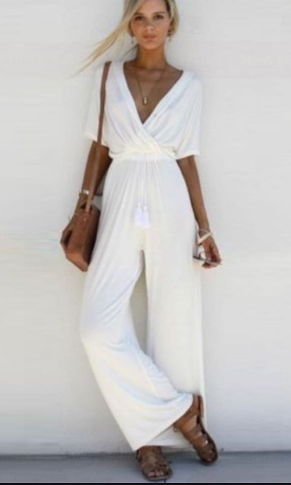 white v neck jumpsuit