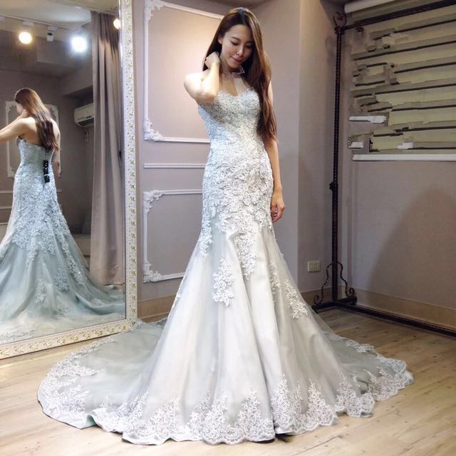 grey white wedding dress