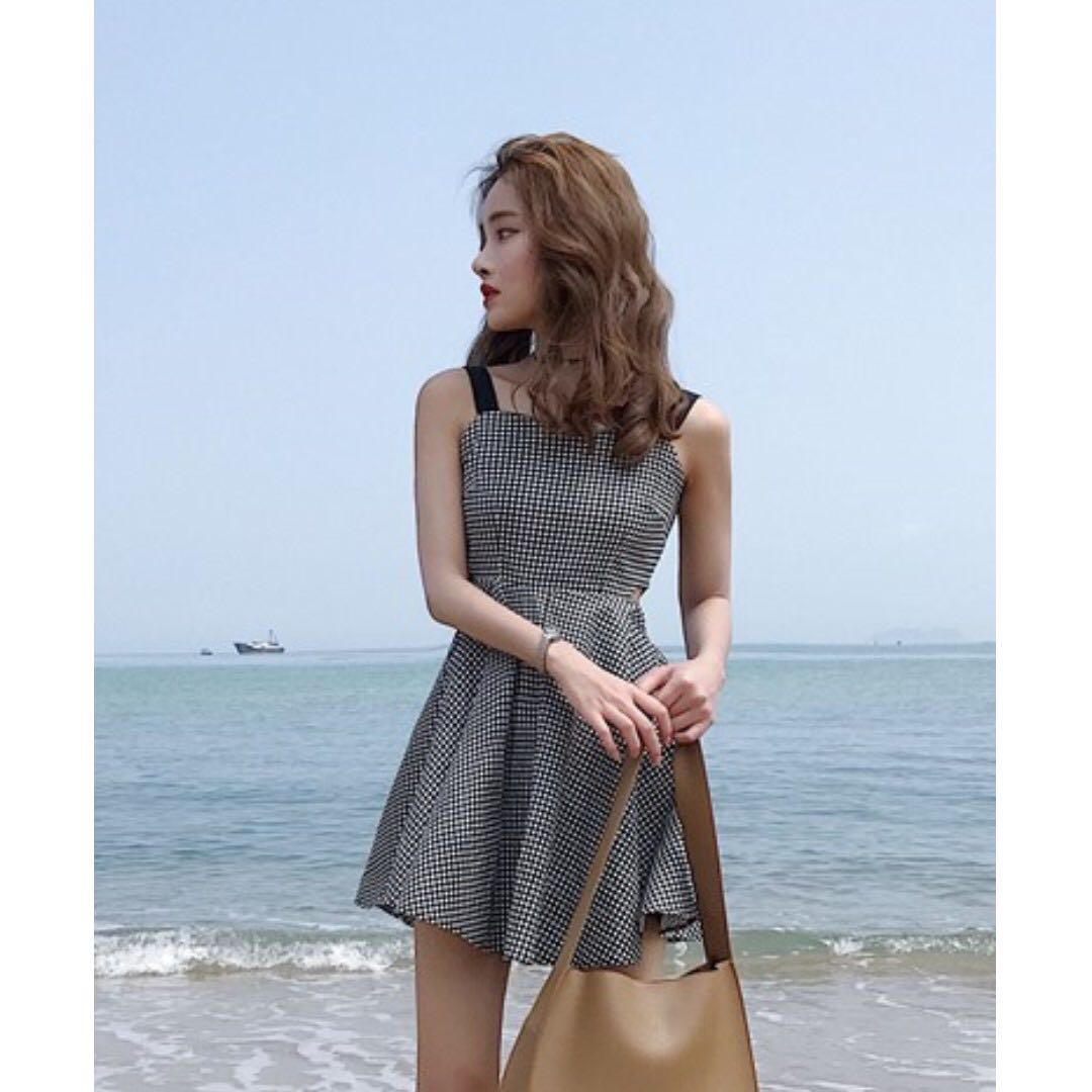 Korean Style lc2 Gray Small Square Spaghetti Strap Short Dress Women S Fashion Clothes Dresses On Carousell