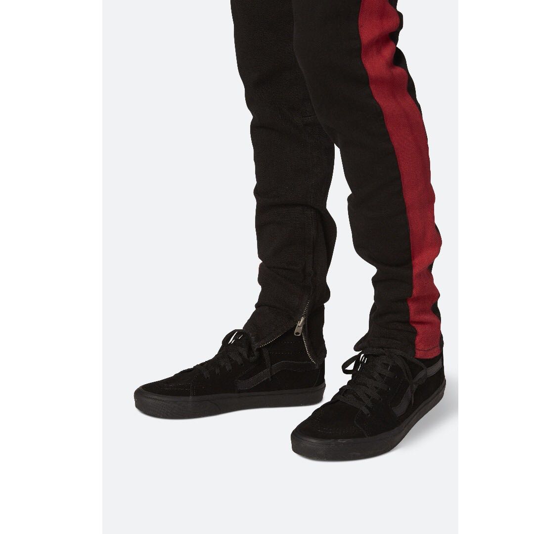 MNML M75 TRACK STRETCH DENIM BLACK/RED, Men's Fashion, Bottoms