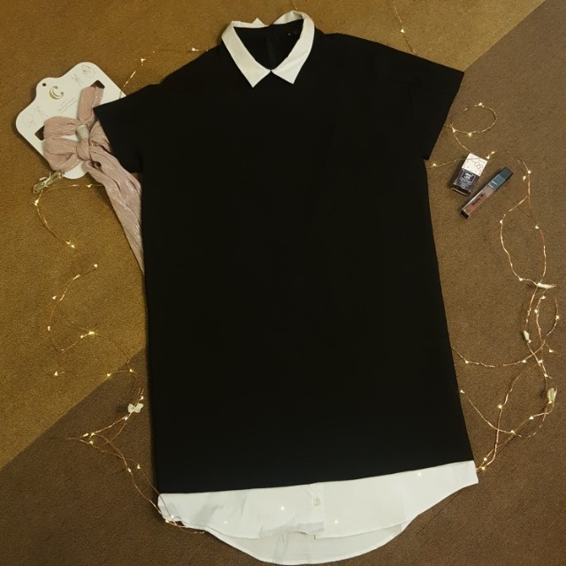 zara black dress with white collar