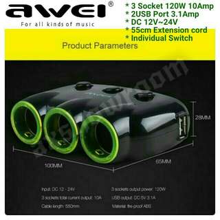 Awei C-35 Multi-Function Universal Car Charger 3 Socket Adapter with 2 USB Port Adaptor (White Or Black)