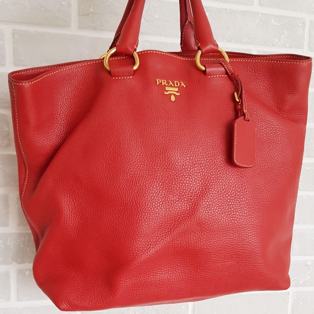 Authentic Prada red leather tote bag 