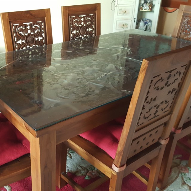 Preloved Teak Dining Table Set with Glass Top, Furniture & Home Living