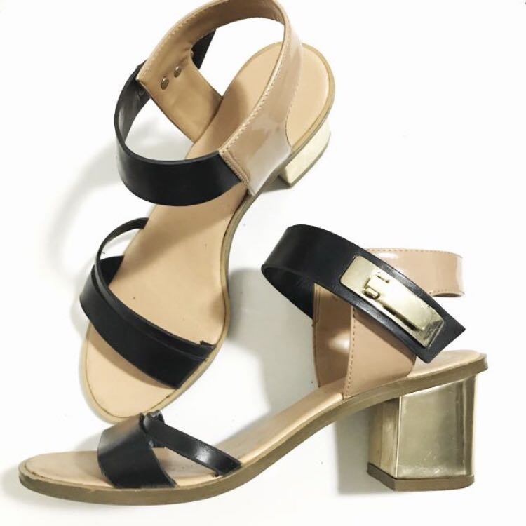 gold strap block heels