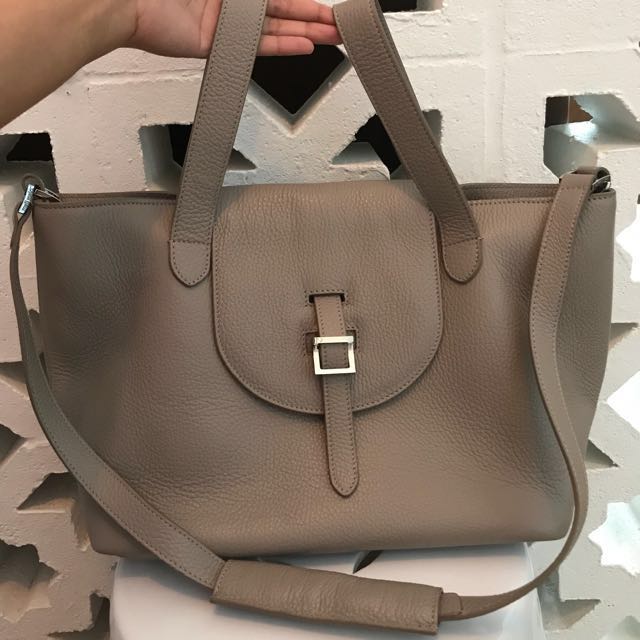 $845 meli melo Large Thela Pop Leather Tote Bag Stone Grey Beige Taupe  Purple