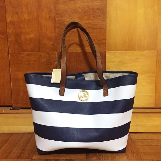 michael kors navy and white striped tote