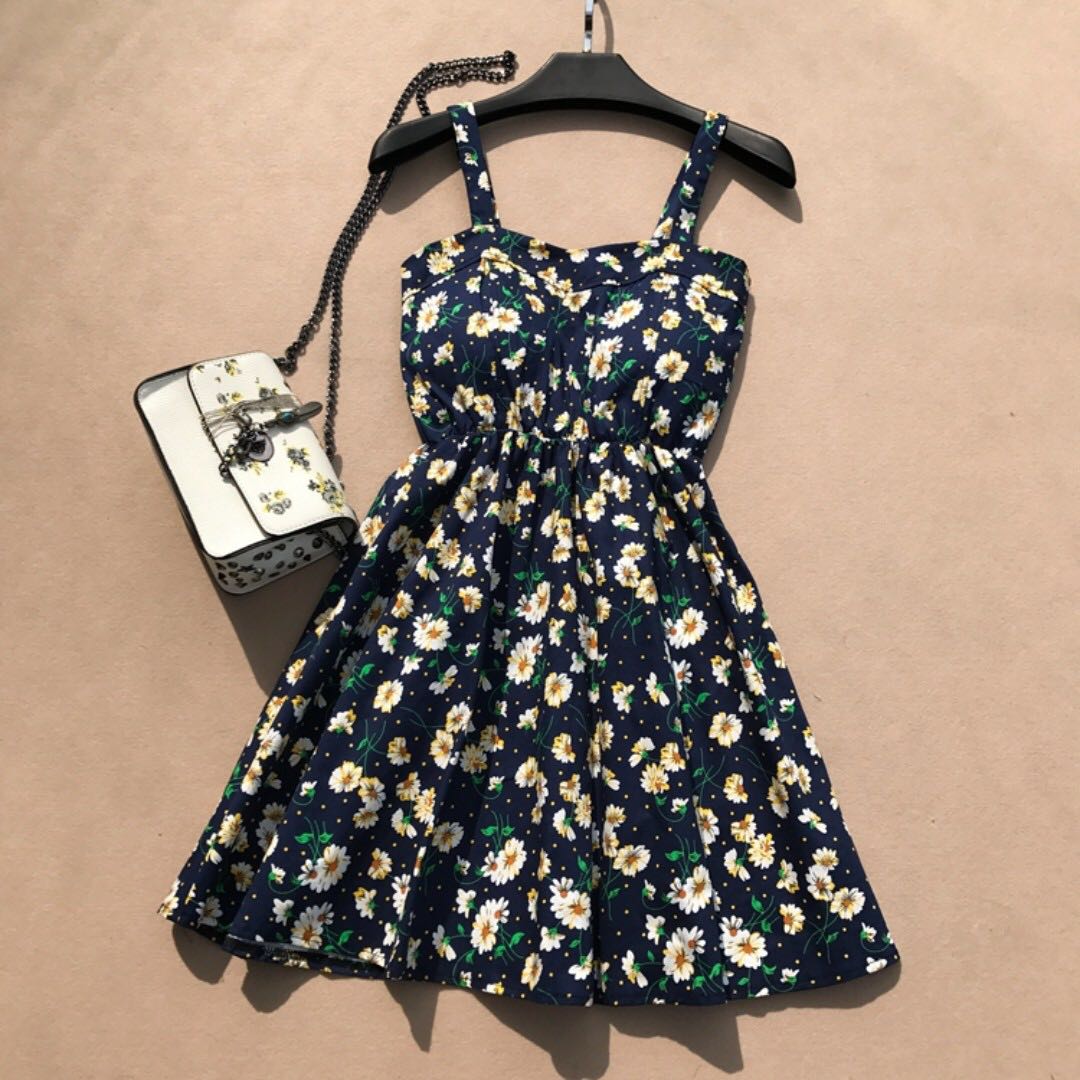 navy blue dress with sunflowers