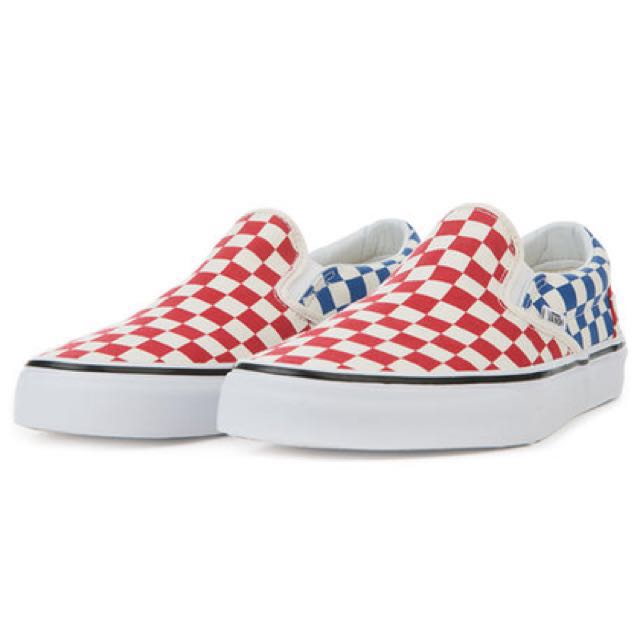 vans slip on checkerboard red blue