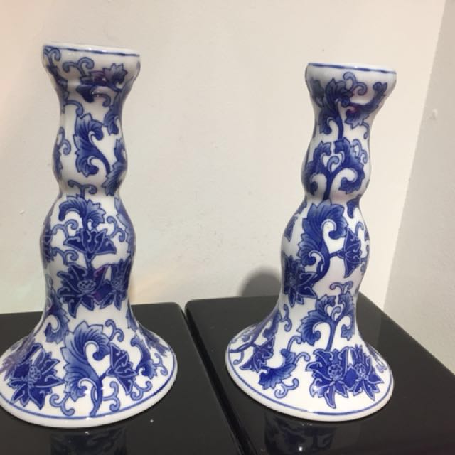 blue and white candle holders