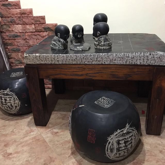 Chinese Chess table with 2 matching stools and 4 sculptures, Furniture ...