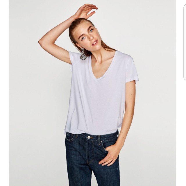 Zara V Neck White T-Shirt, Women's 