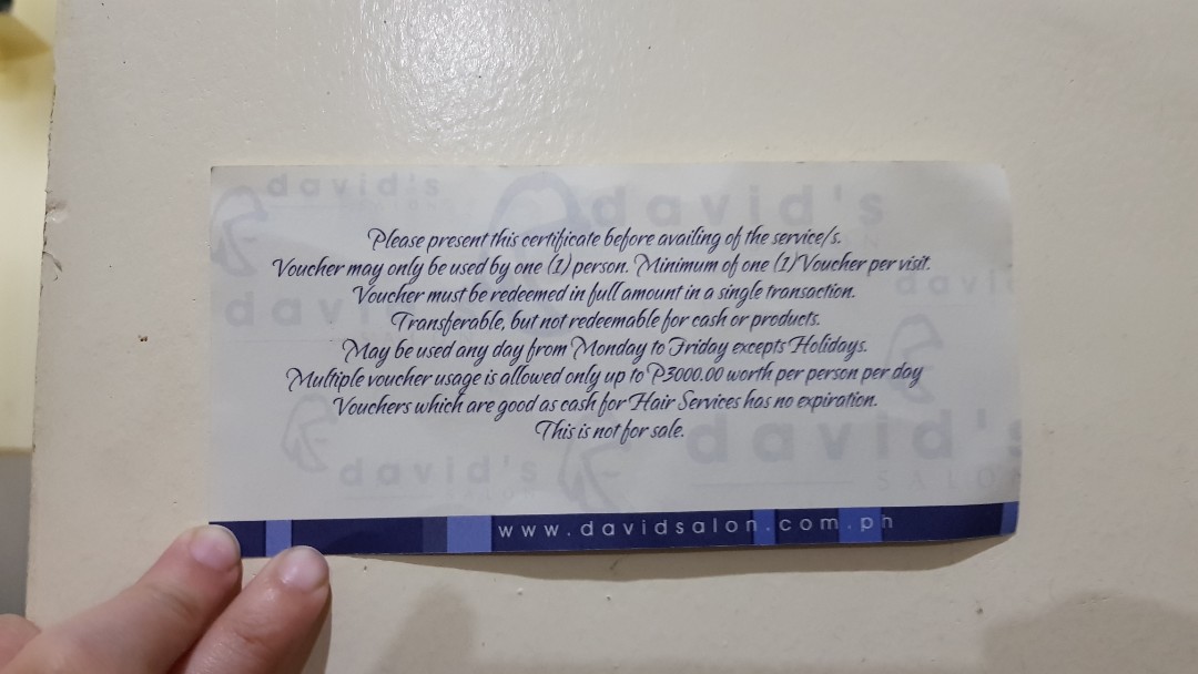 David's Salon GC (Category: Store Credits) located in Antipolo. Submitted by satisfactorylemon (Listing ID 158645975, Image 2). Description: .