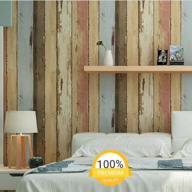 grosir murah wallpaper sticker dinding kayu vintage pink cream biru