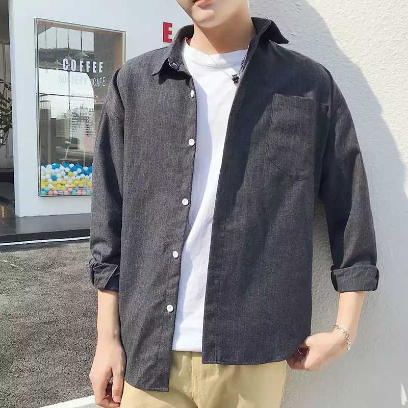 Korean Style Men Oversize Striped Shirt in Dark Grey (XL), Men's Fashion,  Tops & Sets, Formal Shirts on Carousell