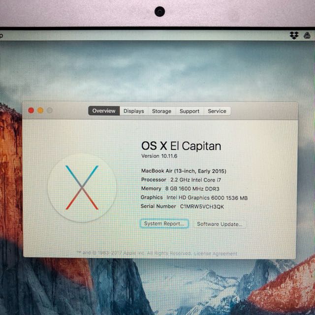 MacBook Air 13 inch Early 2015 2.2GHz Intel Core i7 8GB 1600 MHz DDR3 Intel HD Graphics 6000 1536 MB Computers Tech Laptops Notebooks on Carousell