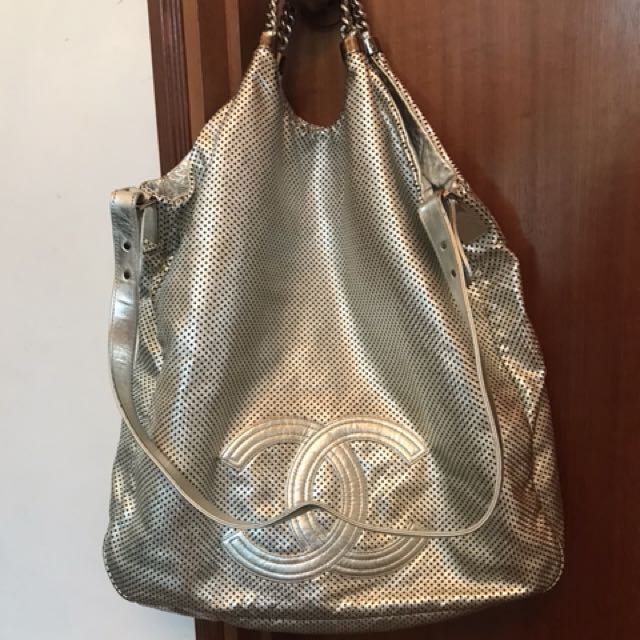 Chanel Silver Perforated Leather Rodeo Drive XL Tote Bag - Yoogi's Closet