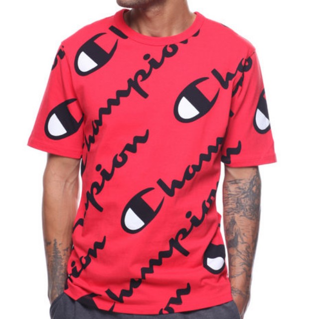 red champion shirt with logo all over