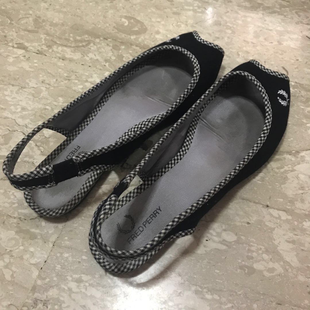 Fred Perry Black Houndstooth peep open toe sandals slip on flats shoes size 38
