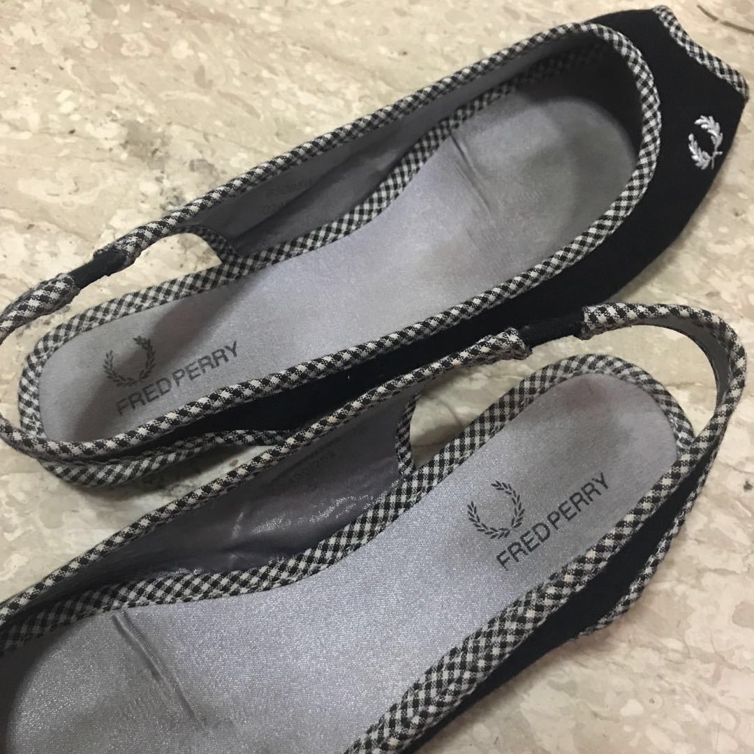 Fred Perry Black Houndstooth peep open toe sandals slip on flats shoes size 38