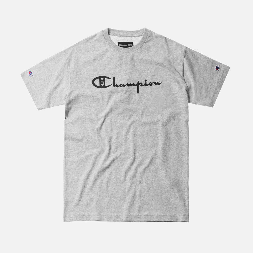 Kith x Champion Script Logo Navy Grey Tee L Men s Fashion Tops Sets Tshirts Polo Shirts on Carousell
