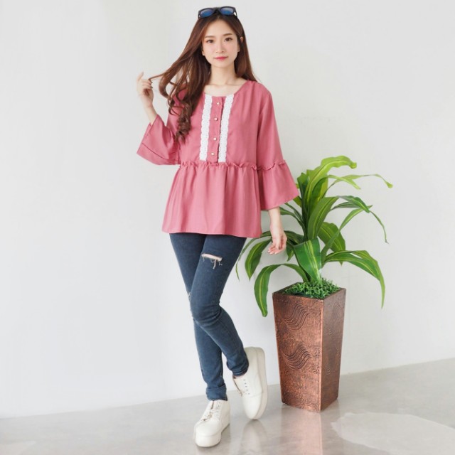 Atasan Wanita Blouse Wolly Crepe Renda Kemeja Kerja Casual Lengan