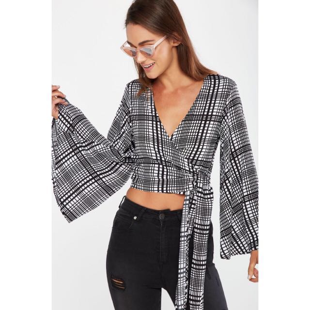 Cotton on Aria wrap tie crop top checkered CO Women s Fashion Tops Sleeveless on Carousell