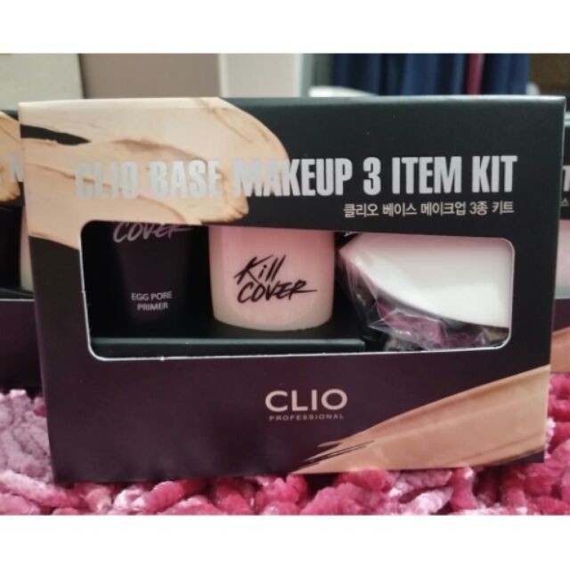 Authentic Clio kill cover (Category: Face Care) located in Antipolo. Submitted by katedanielle (Listing ID 159598285, Image 1). Description: Clio base makeup 3 item trial kit Includes: Egg pore Primer Air wear protexture Foundation with spf 25 PA++ Small triangular Sponge Made in korea.