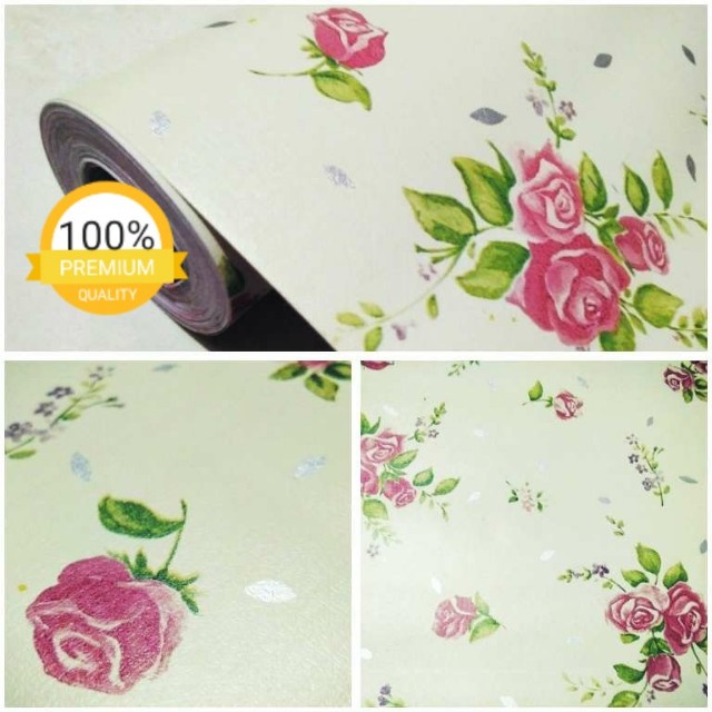 Grosir Murah Wallpaper Sticker Dinding Putih Bunga Mawar Merah