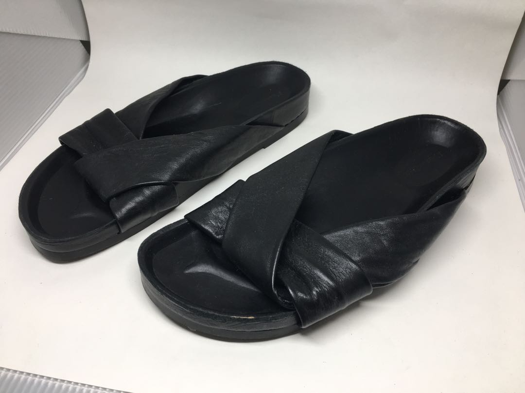 black leather slides