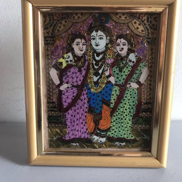 Tanjore Glass Painting Krishna With Rukmini Sathyabhama