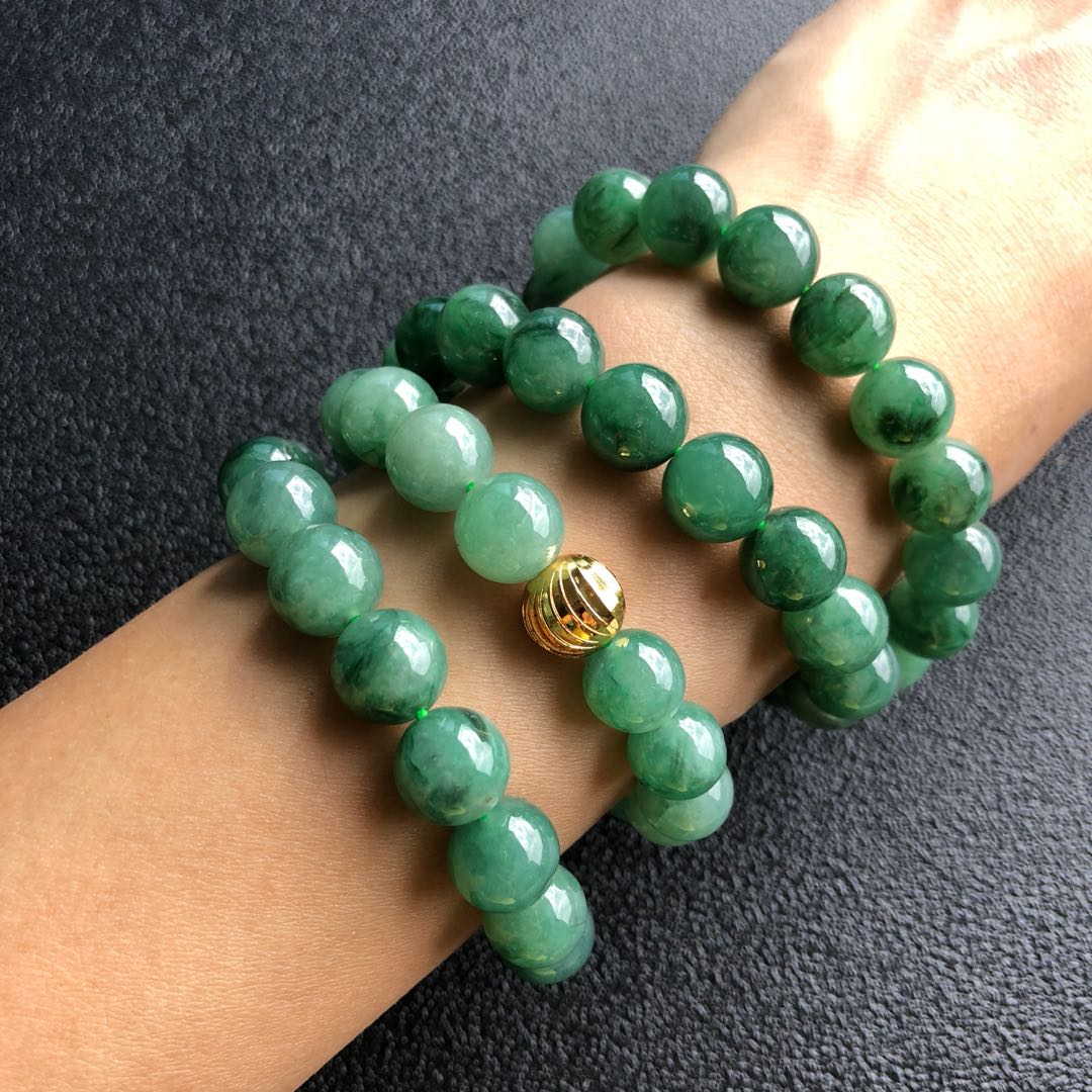 10.7mm A-Grade Type A Natural Floral Imperial Green Jadeite Jade Beaded ...