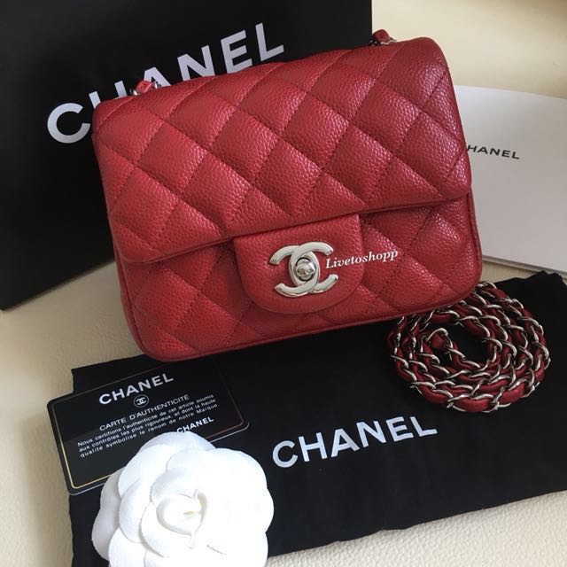 Chanel Mini Square Bag in Red Caviar Leather, Luxury, Bags