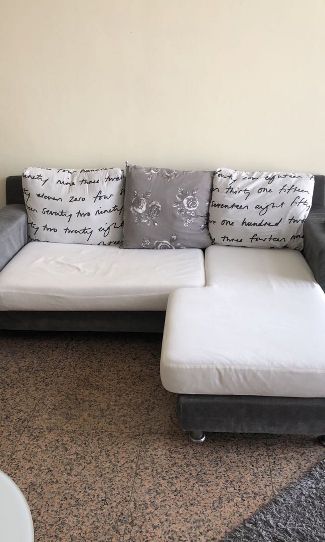 Super classy L shape sofa with IKEA cushions .., Furniture & Home
