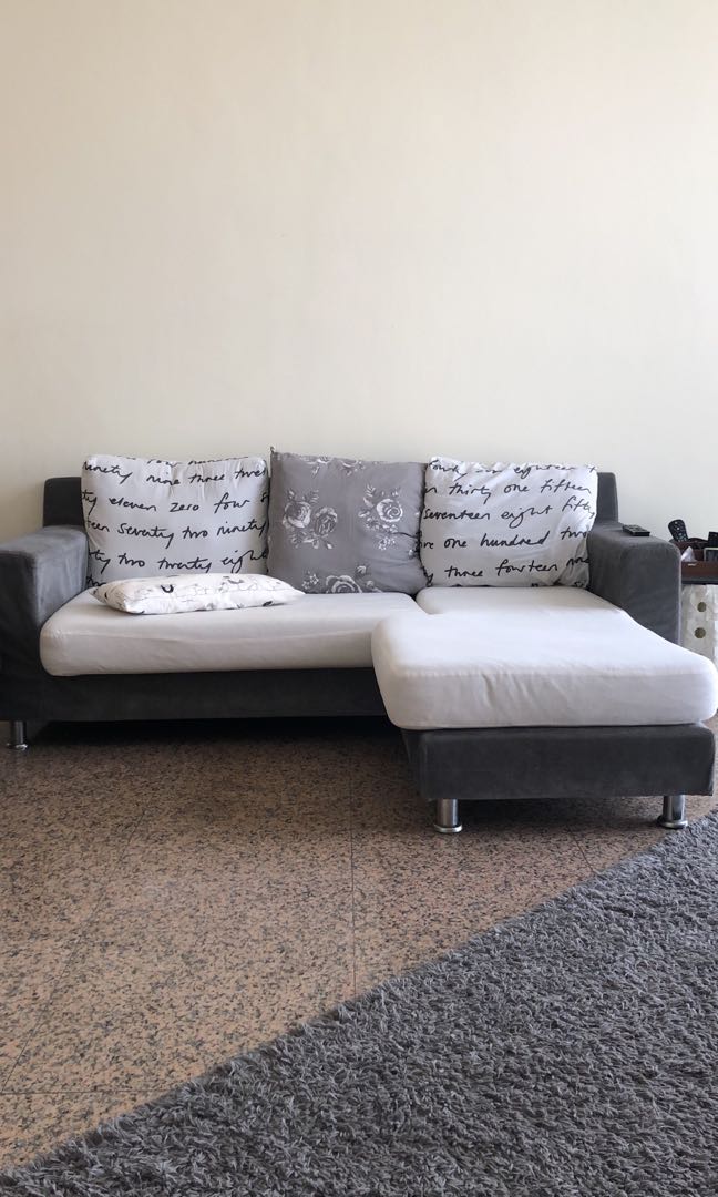 Super classy L shape sofa with IKEA cushions .., Furniture & Home