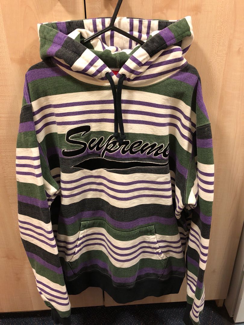 supreme striped hooded sweatshirt purple