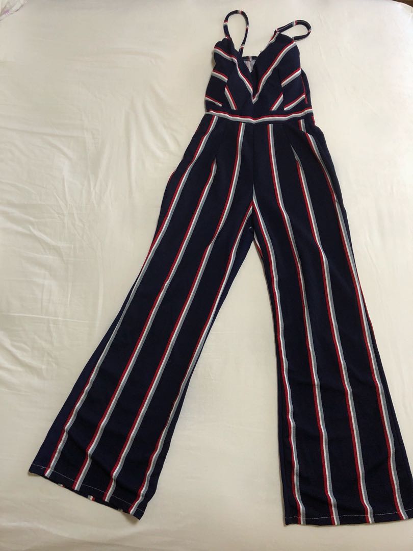 red and blue striped jumpsuit