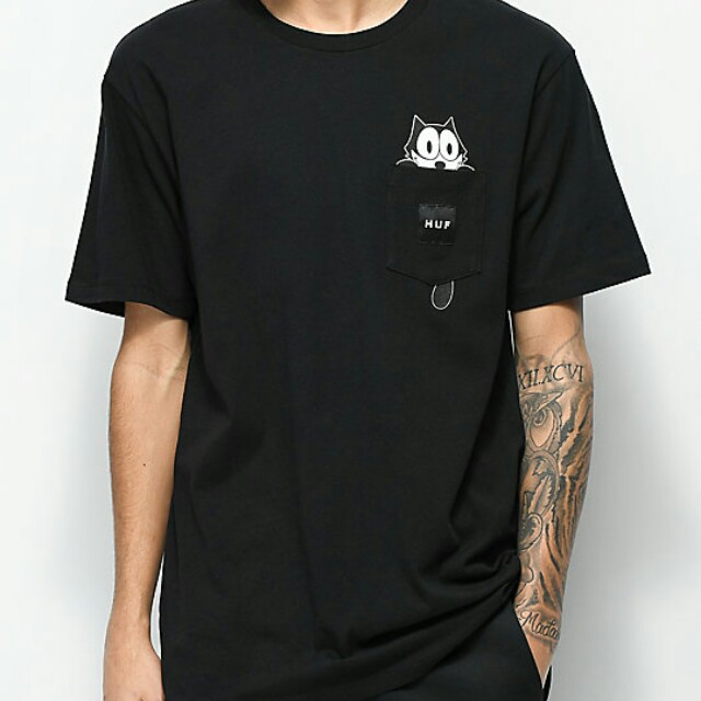 Huf X Felix The Cat Watching Pocket Black T Shirt Men S Fashion