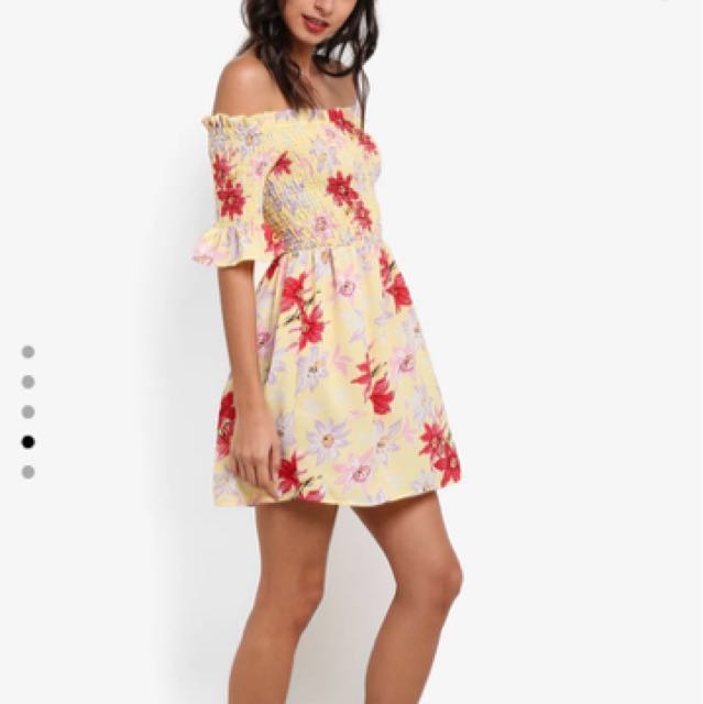 lemon yellow Bardot floral dress 