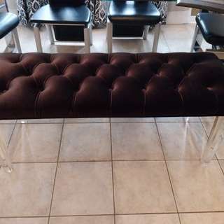 Glass table seats 4-6 and blk velour bench w/lucite legs