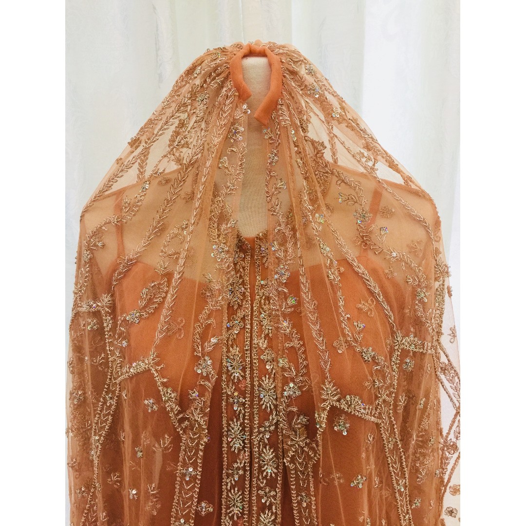Wedding - Dabka Embroidery Burnt Orange & Gold Ornate Long Wedding Dress Set