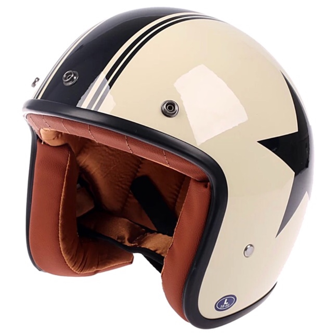 Cream Beige Off White with Black Stripe and Star Brown Inner Motorcycle