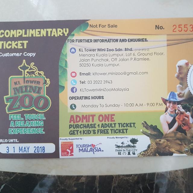 Kl Tower Mini Zoo Complimentary Ticket Tickets Vouchers Attractions Tickets On Carousell
