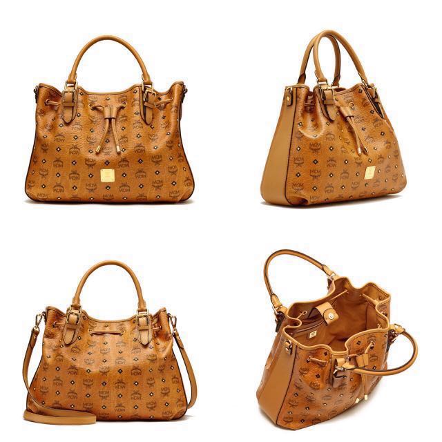 MCM GOLD VISETOS Cognac Medium Drawstring Shopper Bag