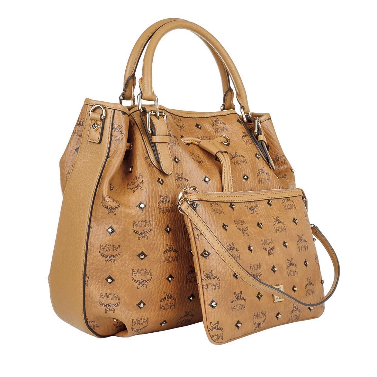 Mcm gold visetos store drawstring medium cognac