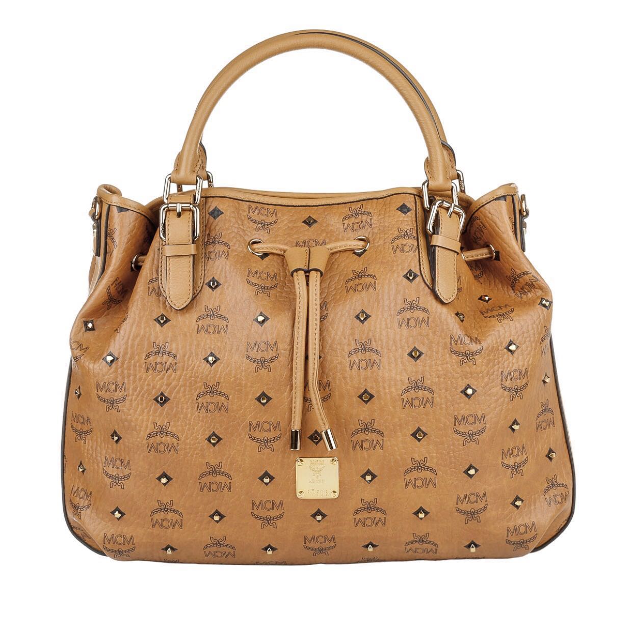 Mcm gold visetos drawstring medium hot sale cognac