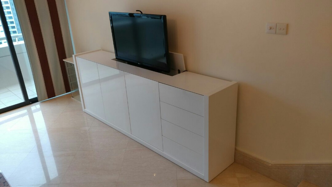 White Tv Cabinet With Mechanism To Retract Furniture Shelves Tv Cabinet With Mechanism To Retract
