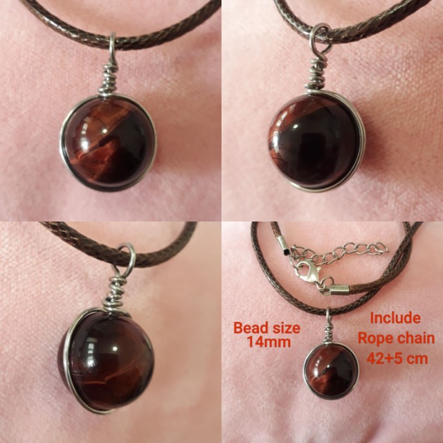 Red Tiger Eye Pendant 红虎眼吊坠 Set In Silver Plated Copper Wire Wrap Bead Size 14mm Include Rope Chain
