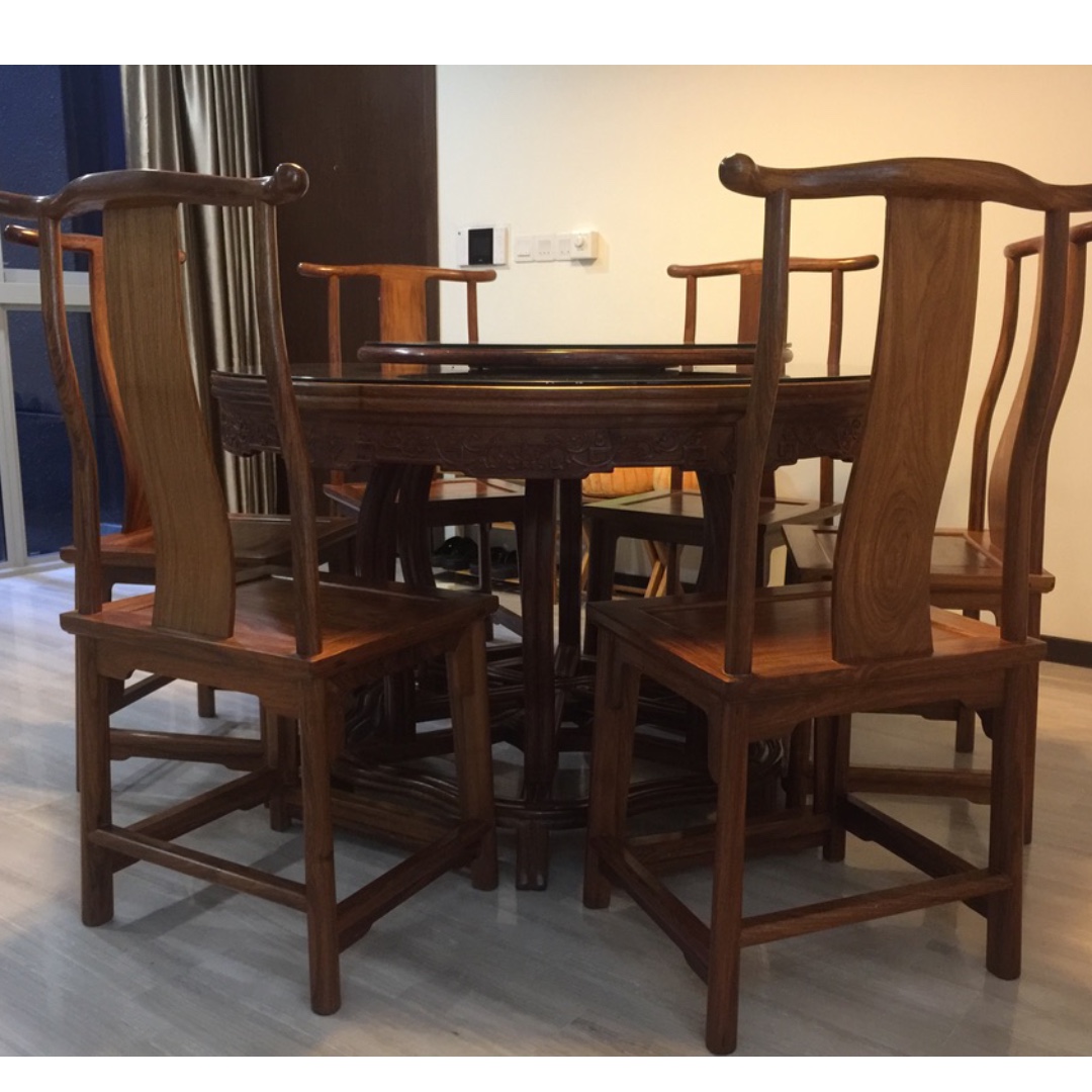 Classic Chinese Solid Rosewood Dining Table With 6 Chairs